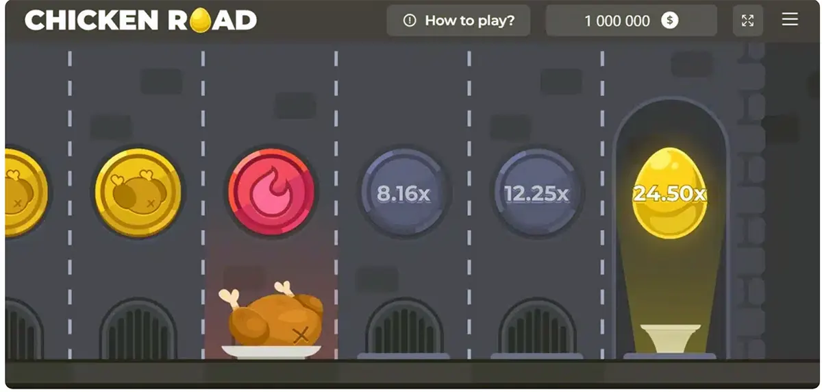 Screenshot of Chicken Road showing late-game lanes with a red fire hazard icon above a cooked chicken, multiplier coins marked 8.16x and 12.25x, and a glowing golden egg on the far right worth 24.50x, with the “How to play?” button and balance bar at the top.